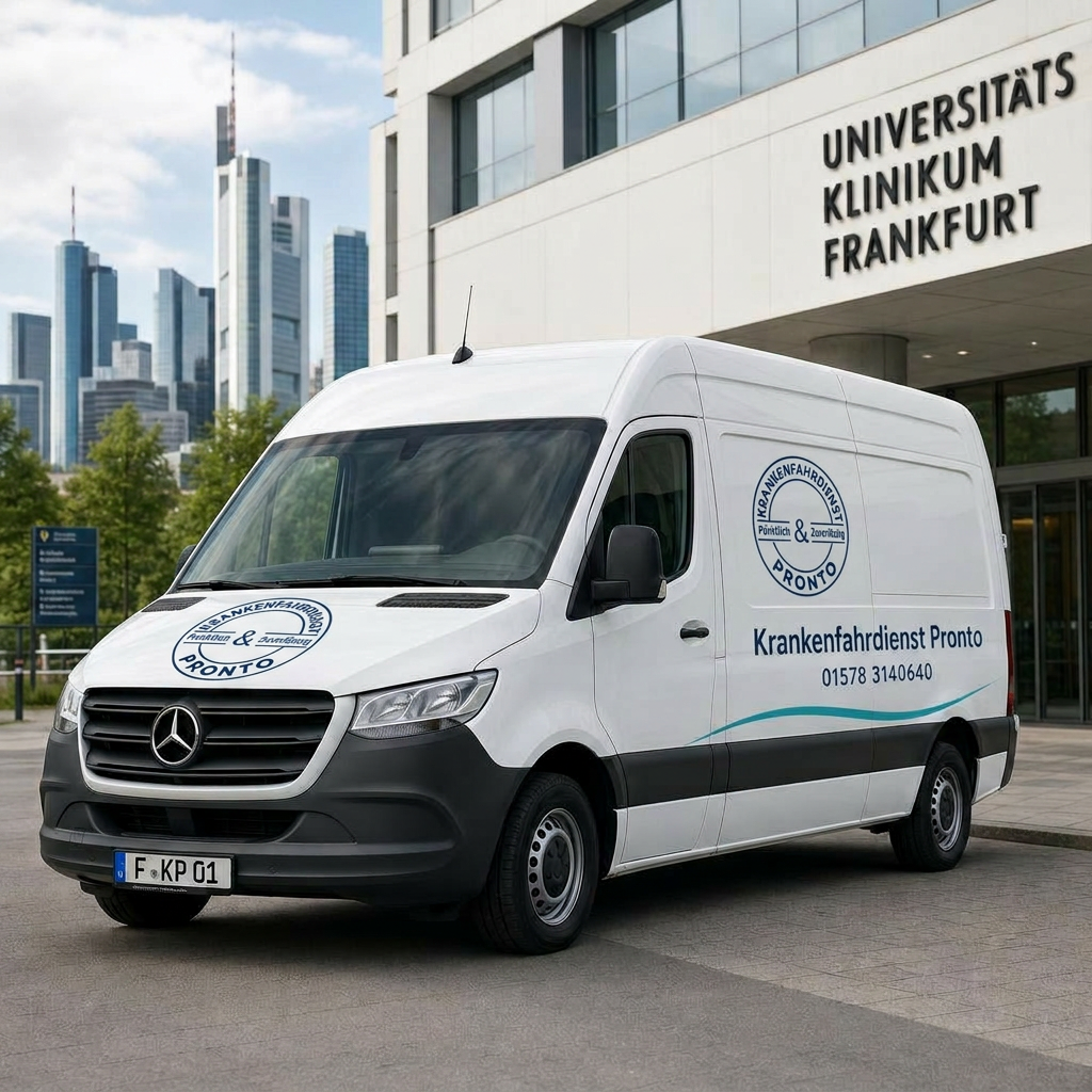 Moderner Krankentransport vor einer Frankfurter Klinik